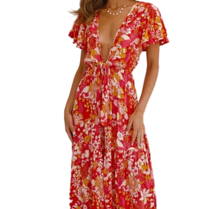 Hello Molly Women's Tie Front Wide Leg Jumpsuit Orange & White Boho Resort Small